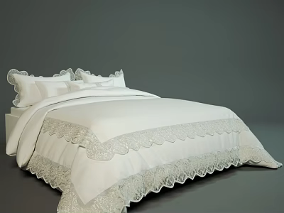 Double Bed with White Linen Bedding Delicate Lace Trim and Soft Pillows 3d model