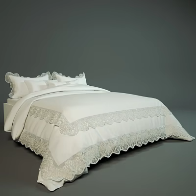 Double Bed with White Linen Bedding Delicate Lace Trim and Soft Pillows 3d model