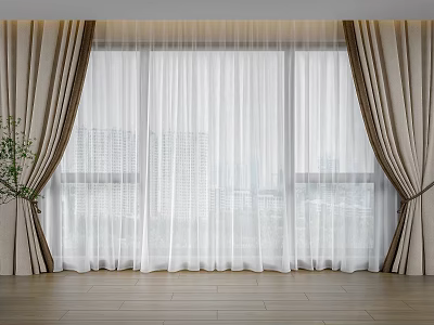 Beige Curtains With Brown Trim And White Sheer For Floor To Ceiling Windows City View 3d model