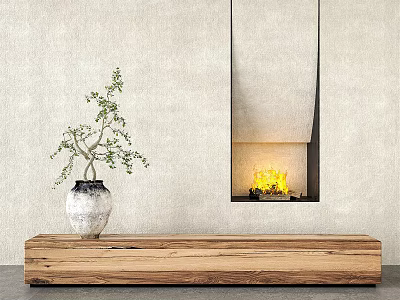 Modern Style Fireplace With Yellow Flames Gray Wall Wooden Cabinet White Vase And Green Plant 3d model