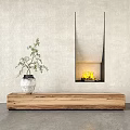 Modern Style Fireplace With Yellow Flames Gray Wall Wooden Cabinet White Vase And Green Plant