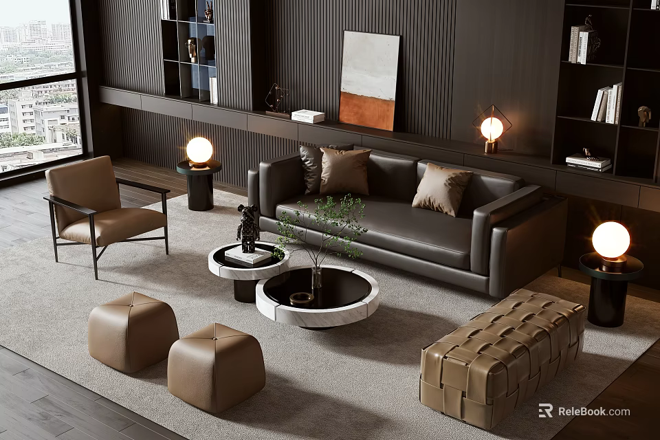Modern Sofa and Coffee Table Set With Black Leather Brown Cushions Round Table and Stools 3d model 