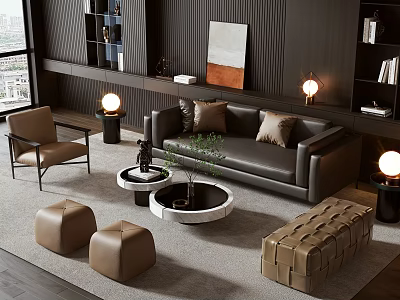 Modern Sofa and Coffee Table Set With Black Leather Brown Cushions Round Table and Stools 3d model