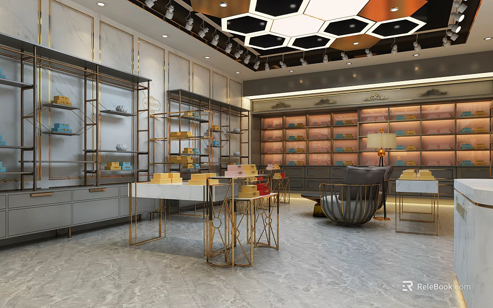 Elegant Luxury Showroom Interior With Golden Display Shelves And Marble Floor 3d model 