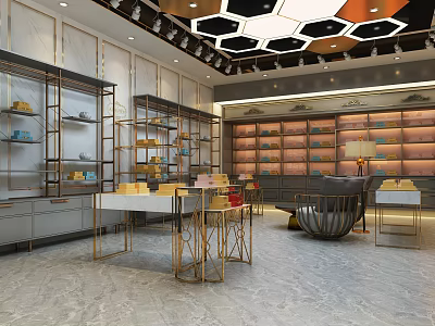 Elegant Luxury Showroom Interior With Golden Display Shelves And Marble Floor 3d model