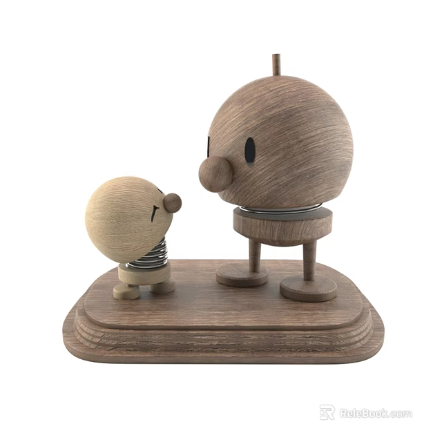Wooden Decorative Ornament Set With Small And Large Figures Spring Connected Body On Wooden Base 3d model 