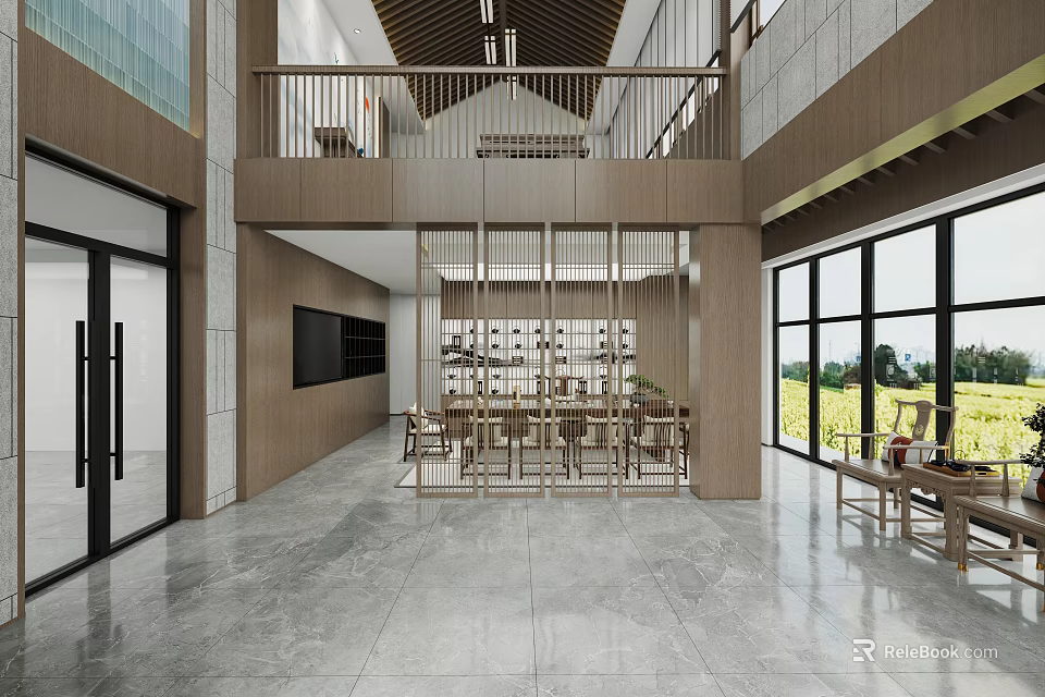 Front Desk Reception In Modern Lobby With Wooden Elements Large Windows And Open Space 3d model