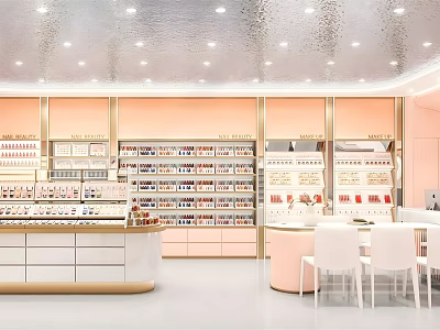 Modern Beauty Salon Interior With Product Shelves Service Counter And White Chairs 3d model