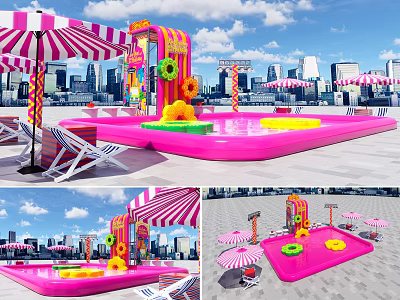 Pink Interactive Area With Colorful Decorations Striped Umbrellas Deck Chairs And City Skyline 3d model
