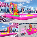 Pink Interactive Area With Colorful Decorations Striped Umbrellas Deck Chairs And City Skyline