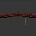 Traditional Red Arch Bridge With Wooden Railings And Decorative Pillars