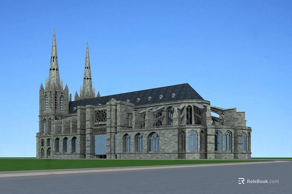 European Style Architecture With Gothic Spires Stone Facade Arched Windows Black Roof And Green Lawn 3d model 