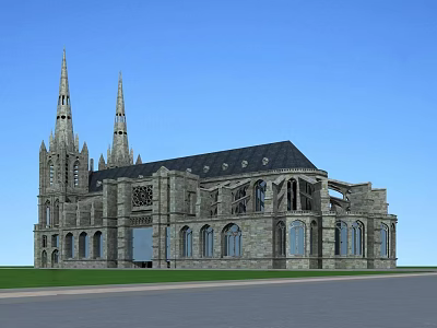 European Style Architecture With Gothic Spires Stone Facade Arched Windows Black Roof And Green Lawn 3d model