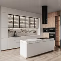 Modern Kitchen Interior With Marble Countertop Island White Cabinets And Black Range Hood