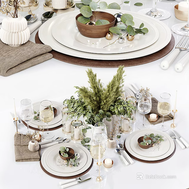 Elegant Dinnerware Set With Greenery And Table Decor 3d model 