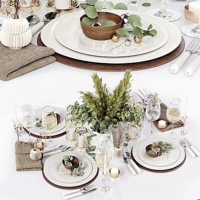 Elegant Dinnerware Set With Greenery And Table Decor 3d model