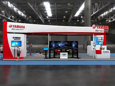 YAMAHA Exhibition Booth Featuring Red and White Design Large Display Screens and Counters 3d model