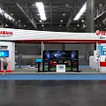YAMAHA Exhibition Booth Featuring Red and White Design Large Display Screens and Counters