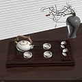 Elegant Chinese Teaset with White Teapot Teacups on Dark Wooden Tray Gray Vase Table