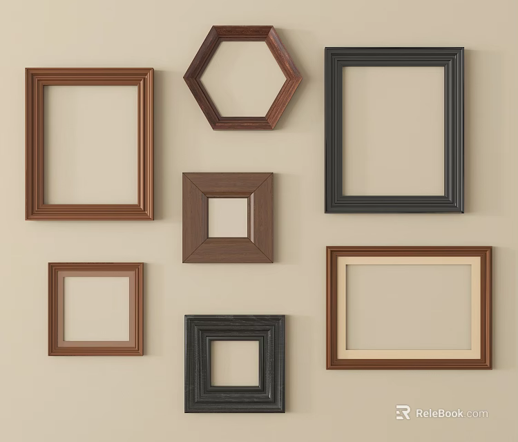 Various Shapes And Colors Picture Frames Hanging On Beige Wall 3d model 