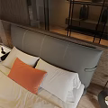 Modern Bedroom Double Bed with Gray Headboard Orange Cushions Floor Lamp Large Window View Rug
