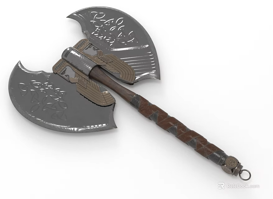 Decorative Double Headed Axe With Carved Metal Blades And Leather Wrapped Wooden Handle 3d model 