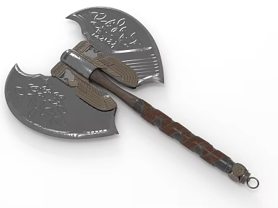 Decorative Double Headed Axe With Carved Metal Blades And Leather Wrapped Wooden Handle 3d model