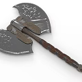 Decorative Double Headed Axe With Carved Metal Blades And Leather Wrapped Wooden Handle