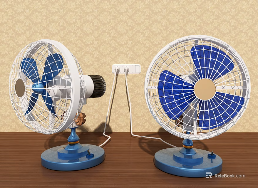 Two Air Conditioning Fans On Wooden Table With Blue Bases White Grilles And Power Socket 3d model 