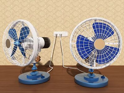 Two Air Conditioning Fans On Wooden Table With Blue Bases White Grilles And Power Socket 3d model