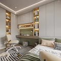 Modern Minimalist Tatami Bedroom Interior With Bed Desk Chair Built in Bookshelves And Striped Rug