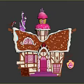 Cartoon Fairy Tale Cottage with Red Snowflaked Roof Pink Tower Pink Door and Decorative Windows