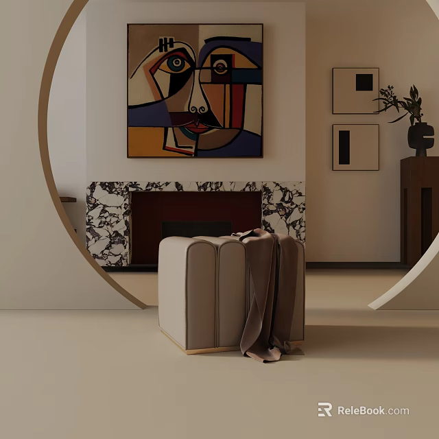 Beige Padded Side Table with Brown Blanket in Room with Abstract Painting and Marble Fireplace 3d model 