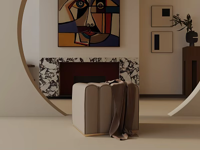 Beige Padded Side Table with Brown Blanket in Room with Abstract Painting and Marble Fireplace 3d model
