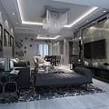 Modern Open Layout Dining Living Room Interior With Gray Walls Chandelier And Dining Table