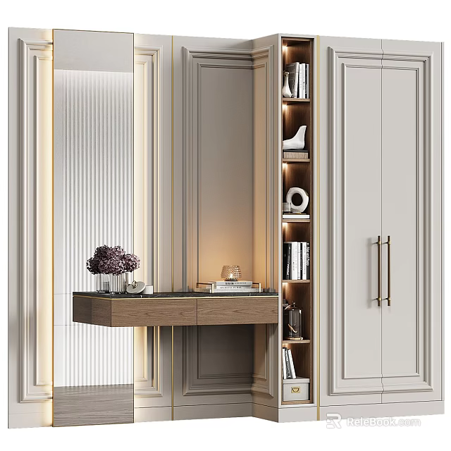 Modern Wooden Bookcase With Books Decorative Items And Side Table Lamp Vase 3d model 
