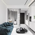 Modern Apartment Interior With White Cabinets TV Digital Clock Display And Green Plant