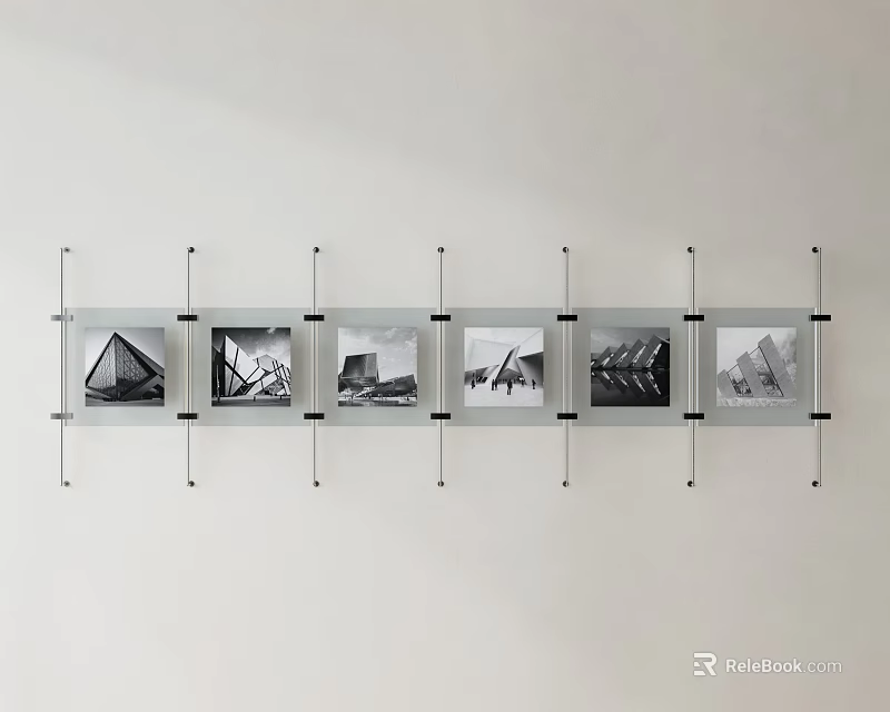 Metal Wall Photo Frames with Black and White Architectural Photos Neatly Arranged 3d model 