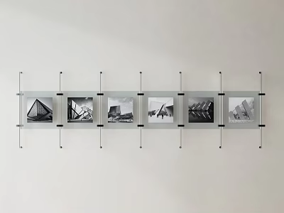 Metal Wall Photo Frames with Black and White Architectural Photos Neatly Arranged 3d model