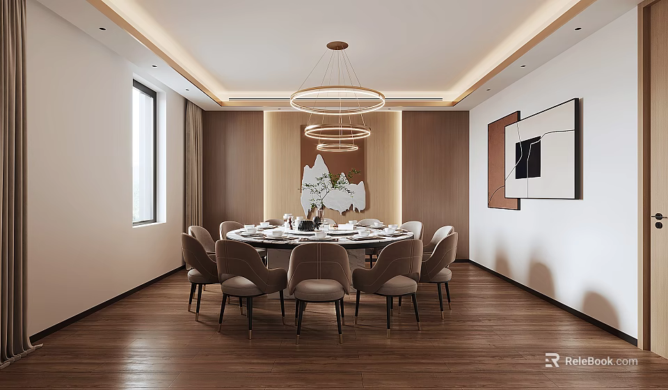 Modern Private Dining Room Interior With Round Table Chairs Pendant Lights And Wooden Walls 3d model 