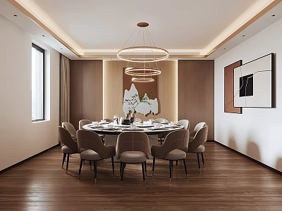 Modern Private Dining Room Interior With Round Table Chairs Pendant Lights And Wooden Walls 3d model