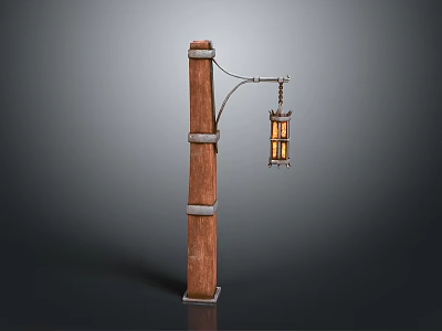 Vintage Wooden Lamp Post With Metal Rings And Hanging Lantern 3d model