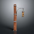 Vintage Wooden Lamp Post With Metal Rings And Hanging Lantern