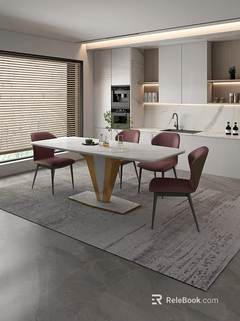 Elegant Modern Dining Table Set With Marble Top Golden Pedestal And Burgundy Chairs In Kitchen 3d model 