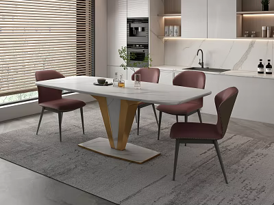 Elegant Modern Dining Table Set With Marble Top Golden Pedestal And Burgundy Chairs In Kitchen 3d model