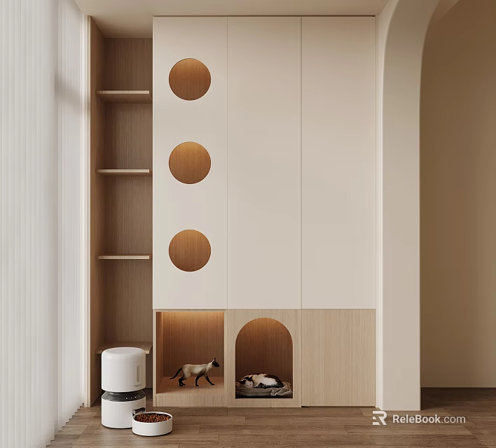 Modern Pet Furniture with Beige Cabinet Circular Holes Shelves and Pet Beds 3d model 