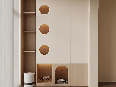 Modern Pet Furniture with Beige Cabinet Circular Holes Shelves and Pet Beds 3d model