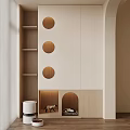 Modern Pet Furniture with Beige Cabinet Circular Holes Shelves and Pet Beds