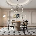 Elegant Dining Room Interior Design With Round Table Black Chairs Circular Chandelier And Wall Art
