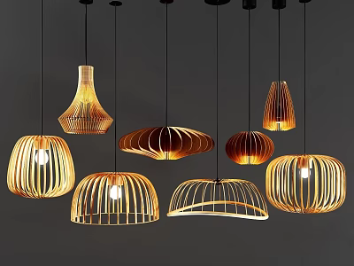 Decorative Wooden Pendant Lights With Diverse Shapes And Warm Tones 3d model
